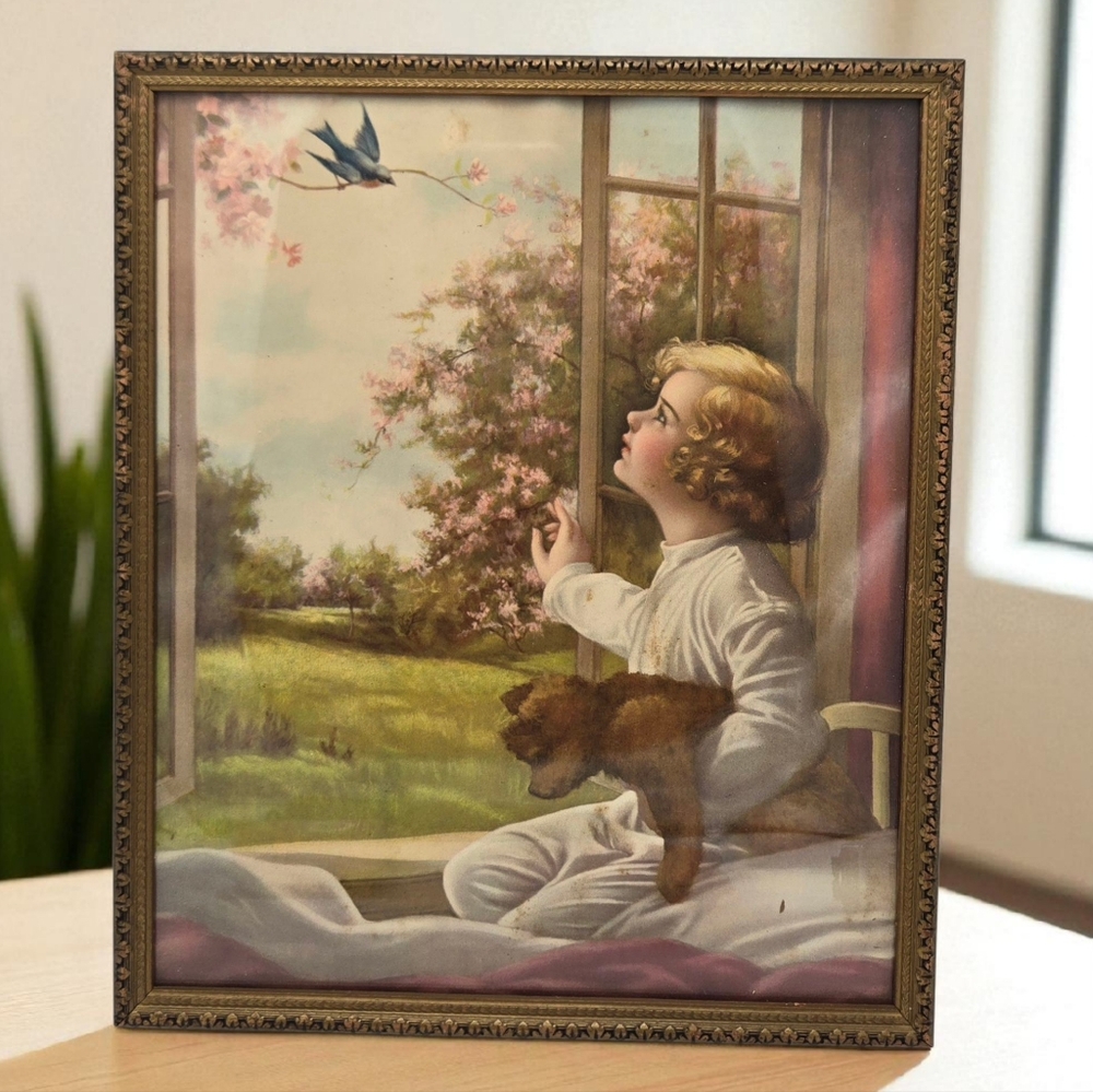 Vintage Framed Adelaide Hiebel's The Bluebird's Morning Song Print
